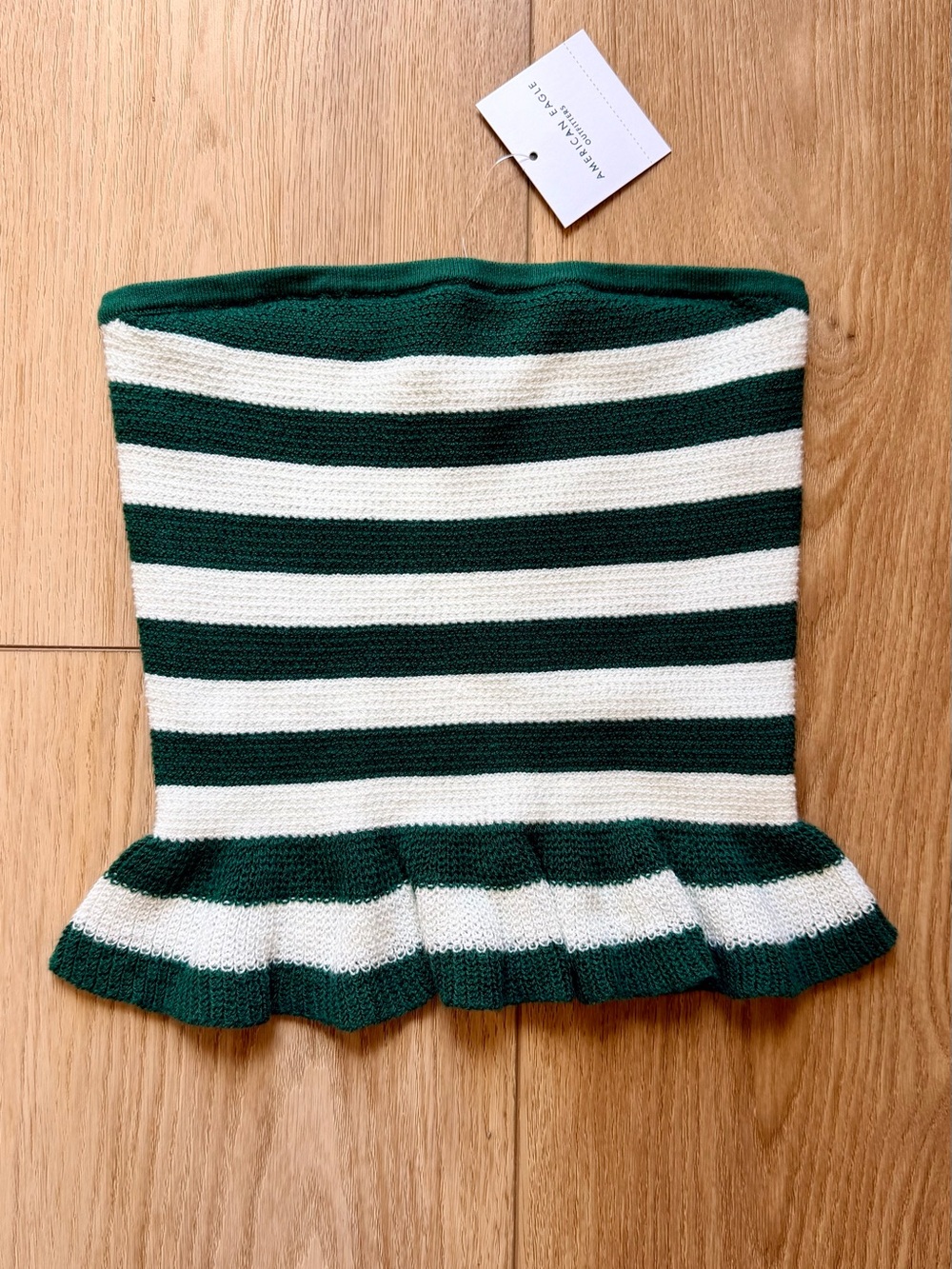 American Eagle Green & Cream Striped Ruffle Tube Top XS NWT
